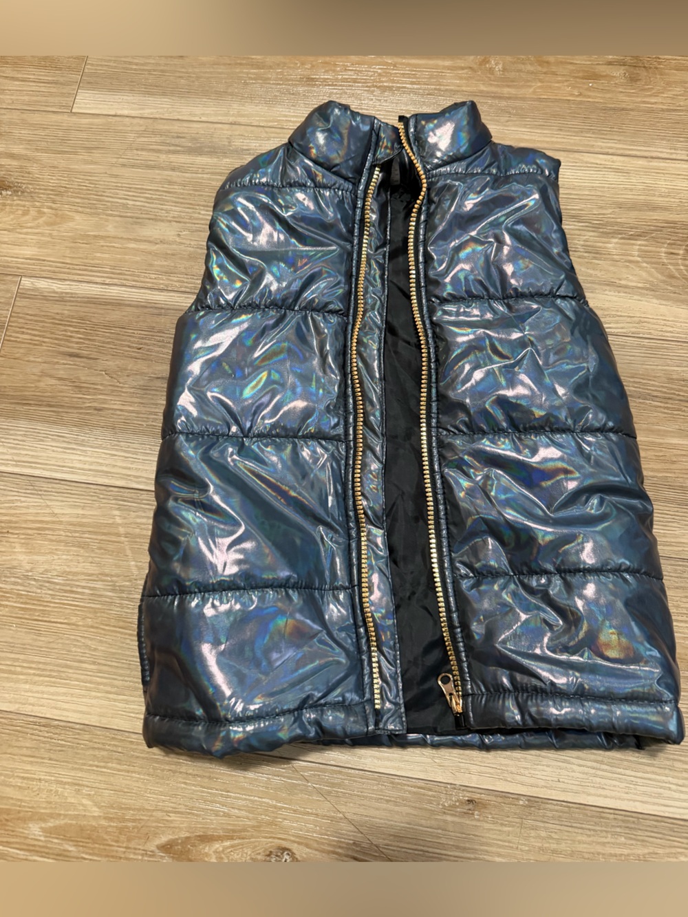 Nicole Miller Iridescent Shiny Black Puffer Vest with Gold Zipper